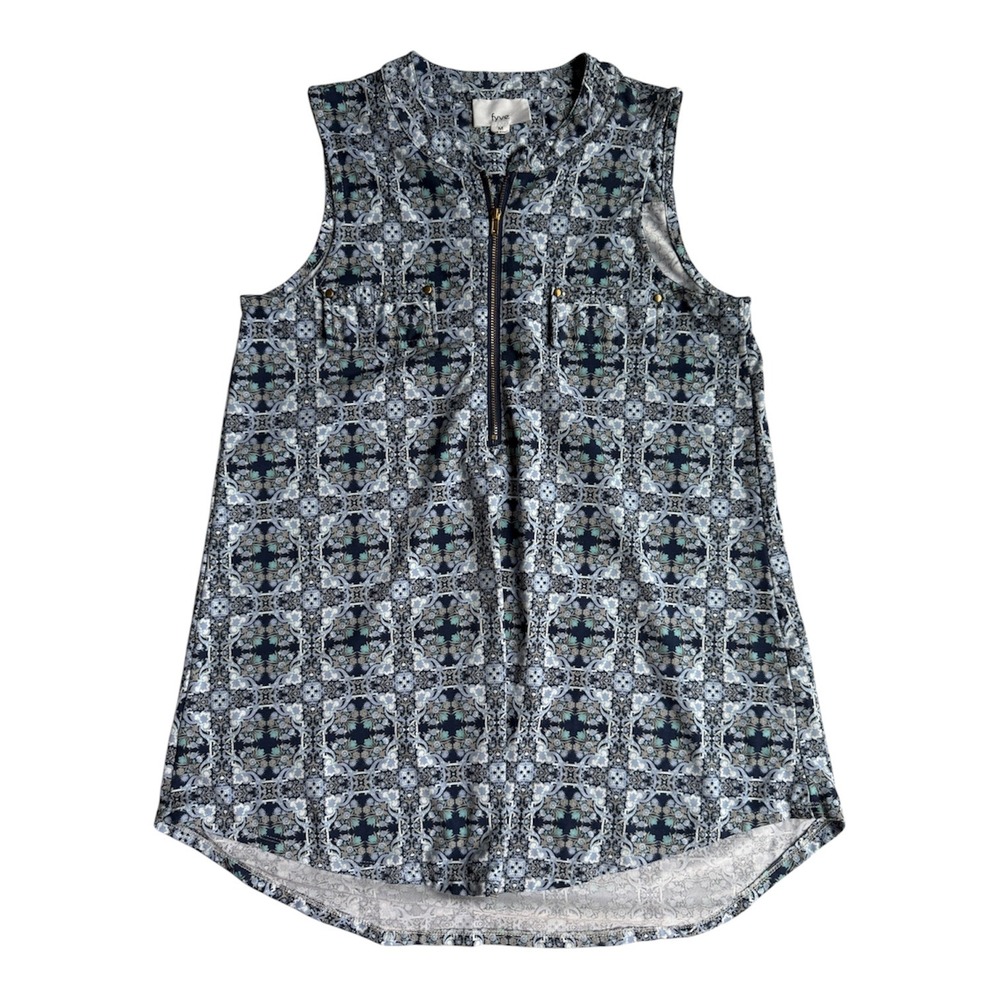 Fyve Women Blue Medallion Print Sleeveless Half Zip Blouse Size Medium